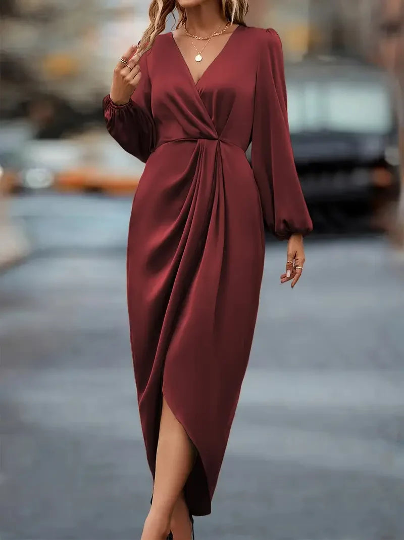 Women's Long Sleeve Wrap Dress - Ruched Waist Design for Spring Fall Fashion