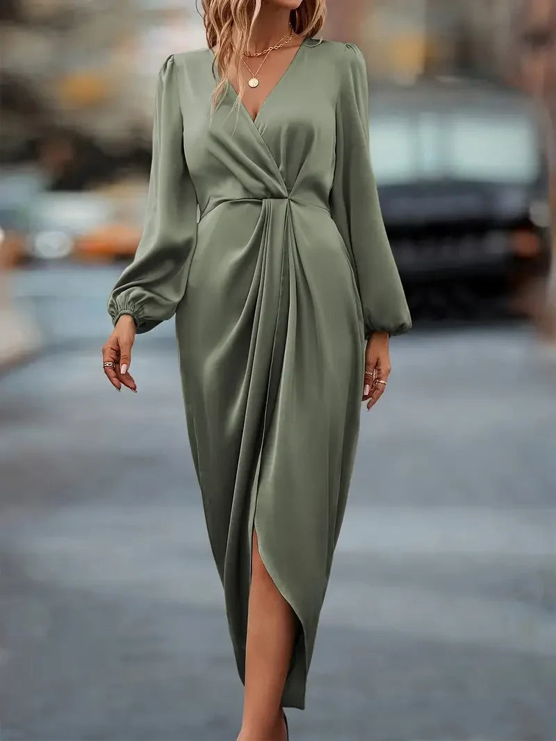 Women's Long Sleeve Wrap Dress - Ruched Waist Design for Spring Fall Fashion