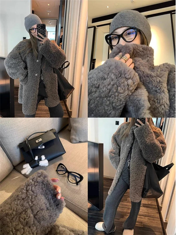 Women’s Mid-Length Faux Shearling Coat – Loose Fit Eco-Friendly Lamb Wool Jacket with Fur Collar