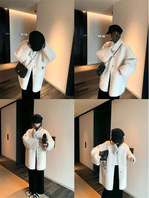 Women’s Mid-Length Faux Shearling Coat – Loose Fit Eco-Friendly Lamb Wool Jacket with Fur Collar