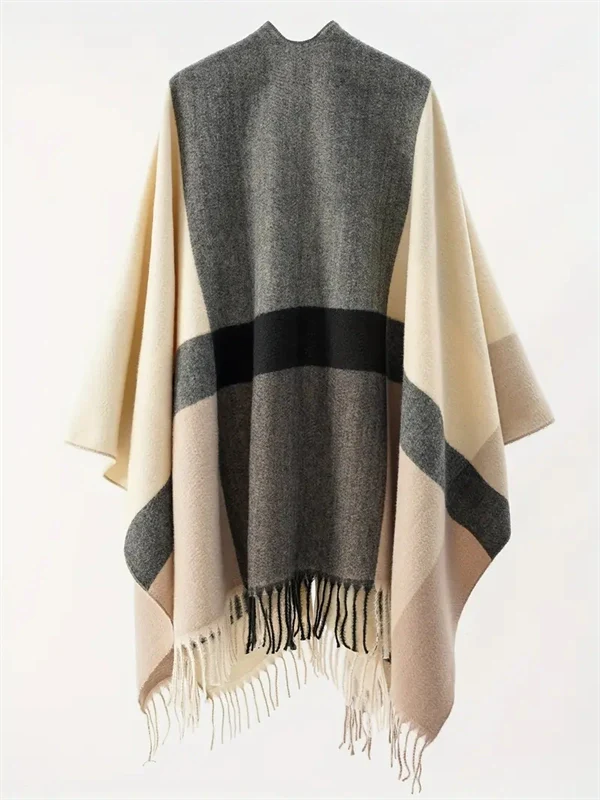 Women's Oversized Plaid Poncho Shawl - Fringed Wrap Cardigan for Fall Winter