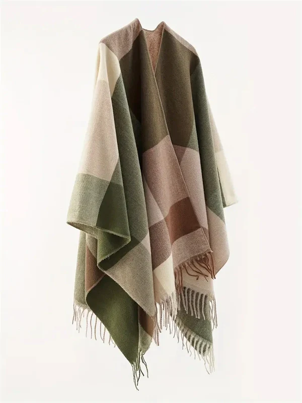 Women's Oversized Plaid Poncho Shawl - Fringed Wrap Cardigan for Fall Winter