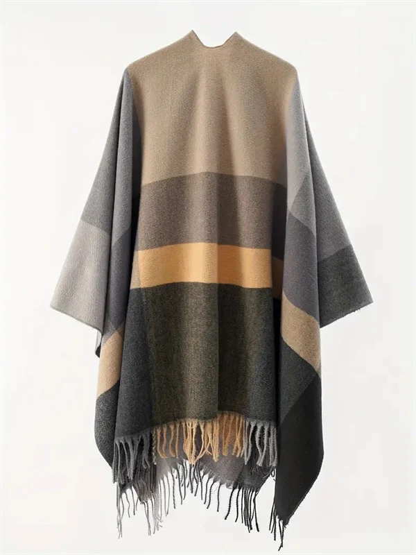 Women's Oversized Plaid Poncho Shawl - Fringed Wrap Cardigan for Fall Winter