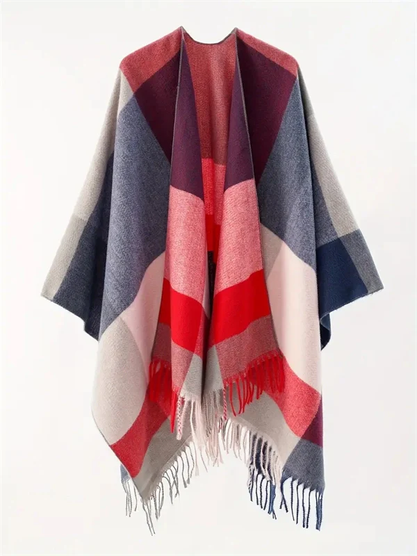 Women's Oversized Plaid Poncho Shawl - Fringed Wrap Cardigan for Fall Winter