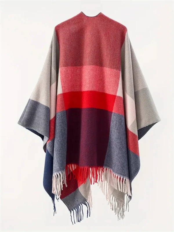 Women's Oversized Plaid Poncho Shawl - Fringed Wrap Cardigan for Fall Winter
