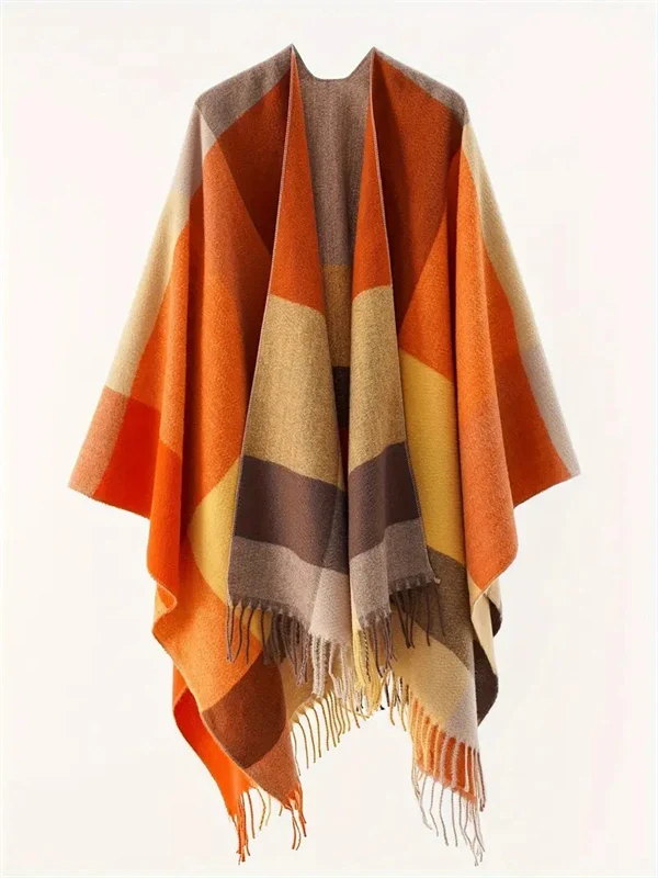 Women's Oversized Plaid Poncho Shawl - Fringed Wrap Cardigan for Fall Winter