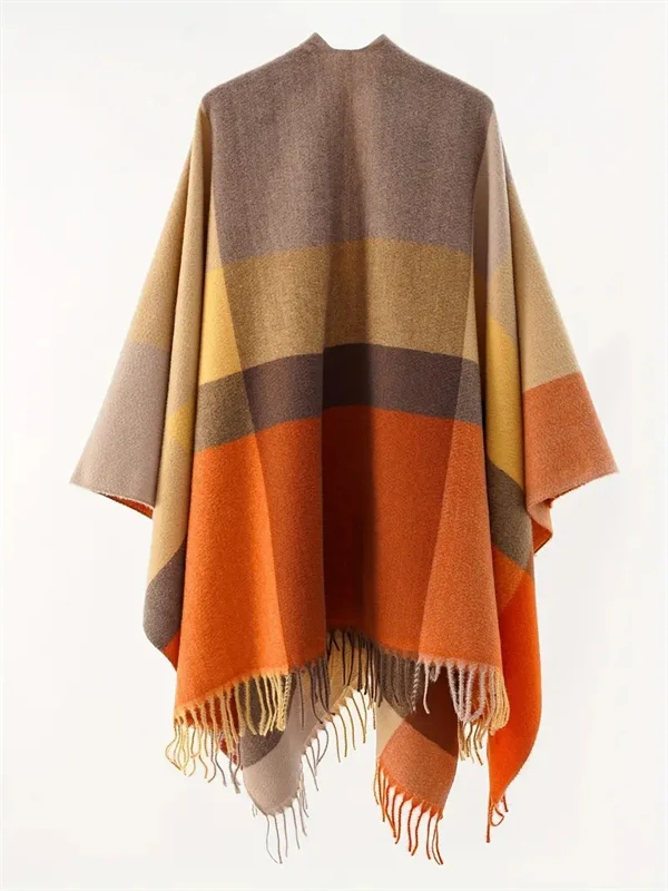 Women's Oversized Plaid Poncho Shawl - Fringed Wrap Cardigan for Fall Winter