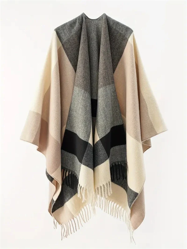 Women's Oversized Plaid Poncho Shawl - Fringed Wrap Cardigan for Fall Winter