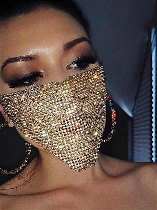 Women's Party Rhinestone Face Mask – Shiny Metallic Mesh Masquerade Club Accessory