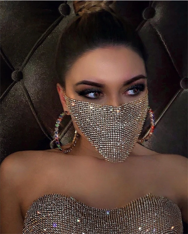 Women's Party Rhinestone Face Mask – Shiny Metallic Mesh Masquerade Club Accessory