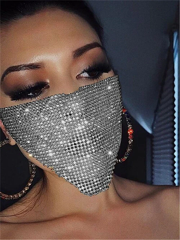 Women's Party Rhinestone Face Mask – Shiny Metallic Mesh Masquerade Club Accessory