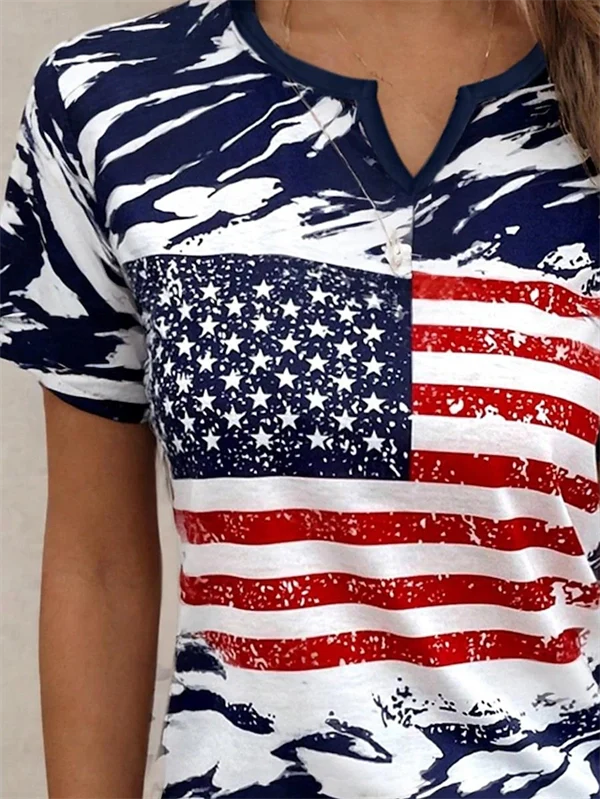 Women's Patriotic 4th of July V-Neck T-Shirt – American Flag Camo Print, Red White & Blue – Casual Summer Top with Button Detail, Regular & Plus Sizes