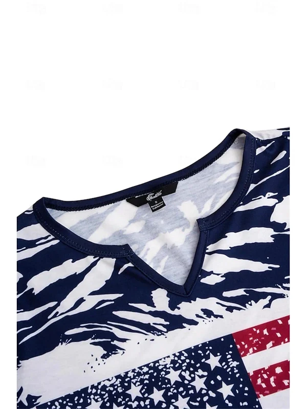 Women's Patriotic 4th of July V-Neck T-Shirt – American Flag Camo Print, Red White & Blue – Casual Summer Top with Button Detail, Regular & Plus Sizes