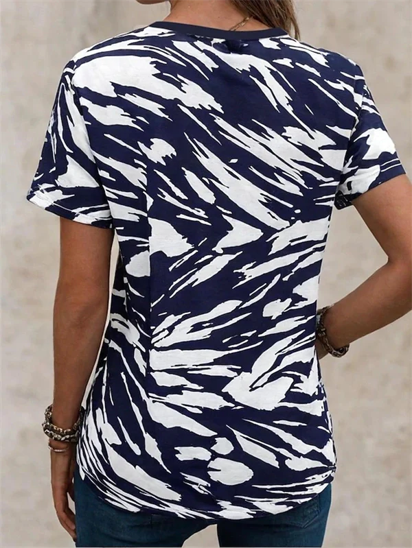 Women's Patriotic 4th of July V-Neck T-Shirt – American Flag Camo Print, Red White & Blue – Casual Summer Top with Button Detail, Regular & Plus Sizes