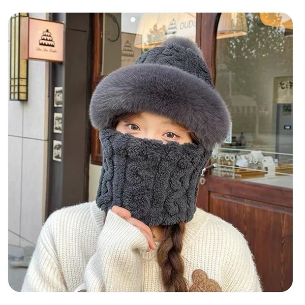 Women’s Winter Fleece Ski Hat – Thick Plush Hood with Built-In Neck Warmer & Face Cover