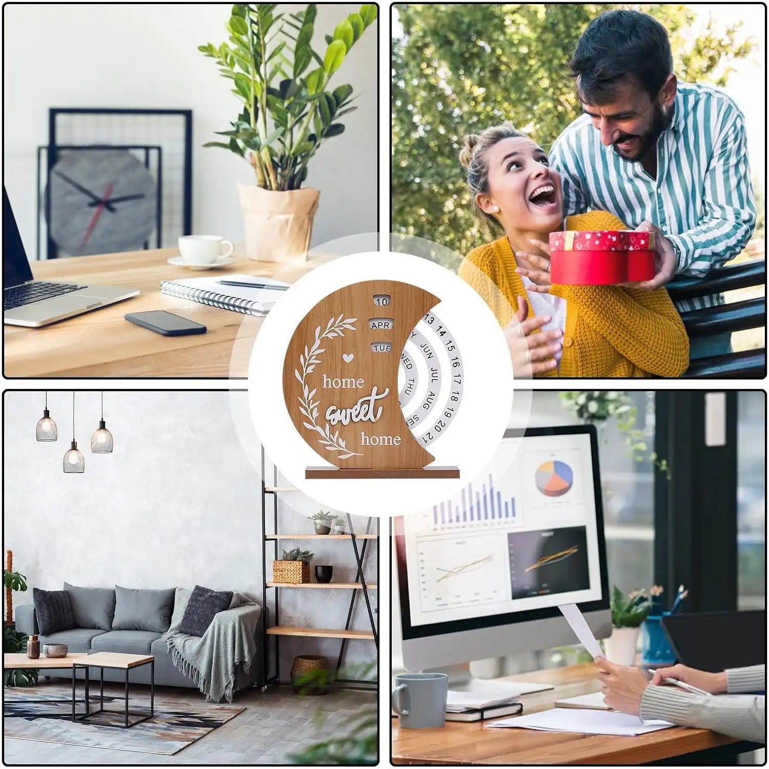 Wooden Rotating Perpetual Calendar - Desktop Date Display for Home & Office