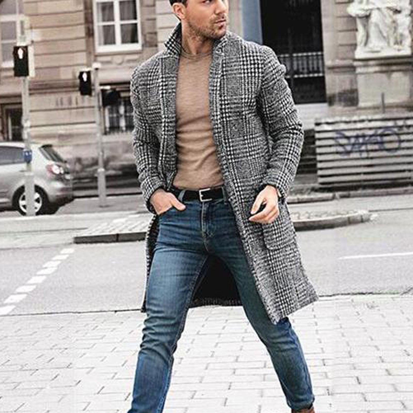 Autumn Winter Shirt Patterns Men Casual Turndown Double Breasted Windbreaker Mid-length Overcoat Coat