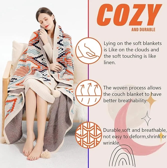 Bohemian Throw Blanket Tassels Soft Knitted Throw Blanket
