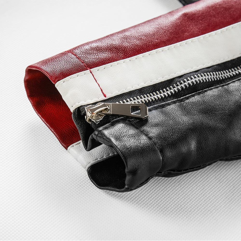 Men's Plus Size Leather Motorcycle Biker Long Sleeve Collar Plush Leather Jacket  Zipper Coat