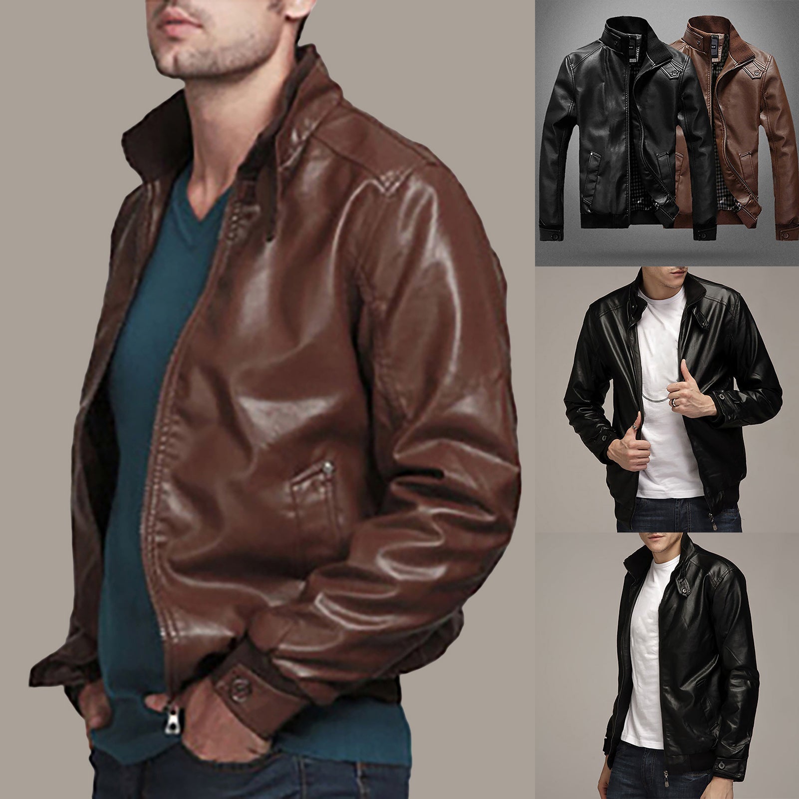 Artificial Leather Solid Color Motorcycle Jacket Zipper Closure Stand Collar Men's Coat