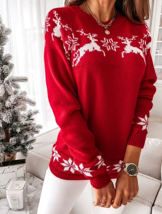 Christmas Women Knitted Sweater Tops Winter Casual Retro Color Contrast Print Pullover Jumper Sweatshirts