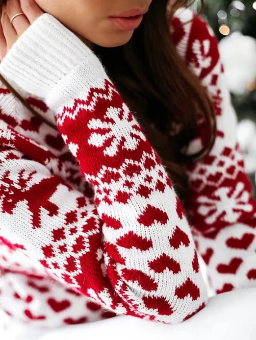 Women's Christmas Snowflake Reindeer Knitted Sweater Long Sleeve Crew Neck Heart Print Pullover Knitwear