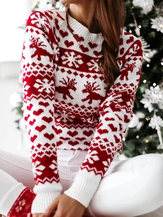 Women's Christmas Snowflake Reindeer Knitted Sweater Long Sleeve Crew Neck Heart Print Pullover Knitwear