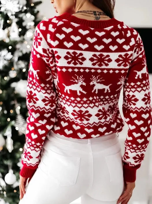 Women's Christmas Snowflake Reindeer Knitted Sweater Long Sleeve Crew Neck Heart Print Pullover Knitwear
