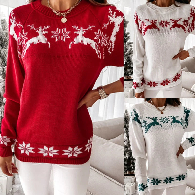 Christmas Women Knitted Sweater Tops Winter Casual Retro Color Contrast Print Pullover Jumper Sweatshirts