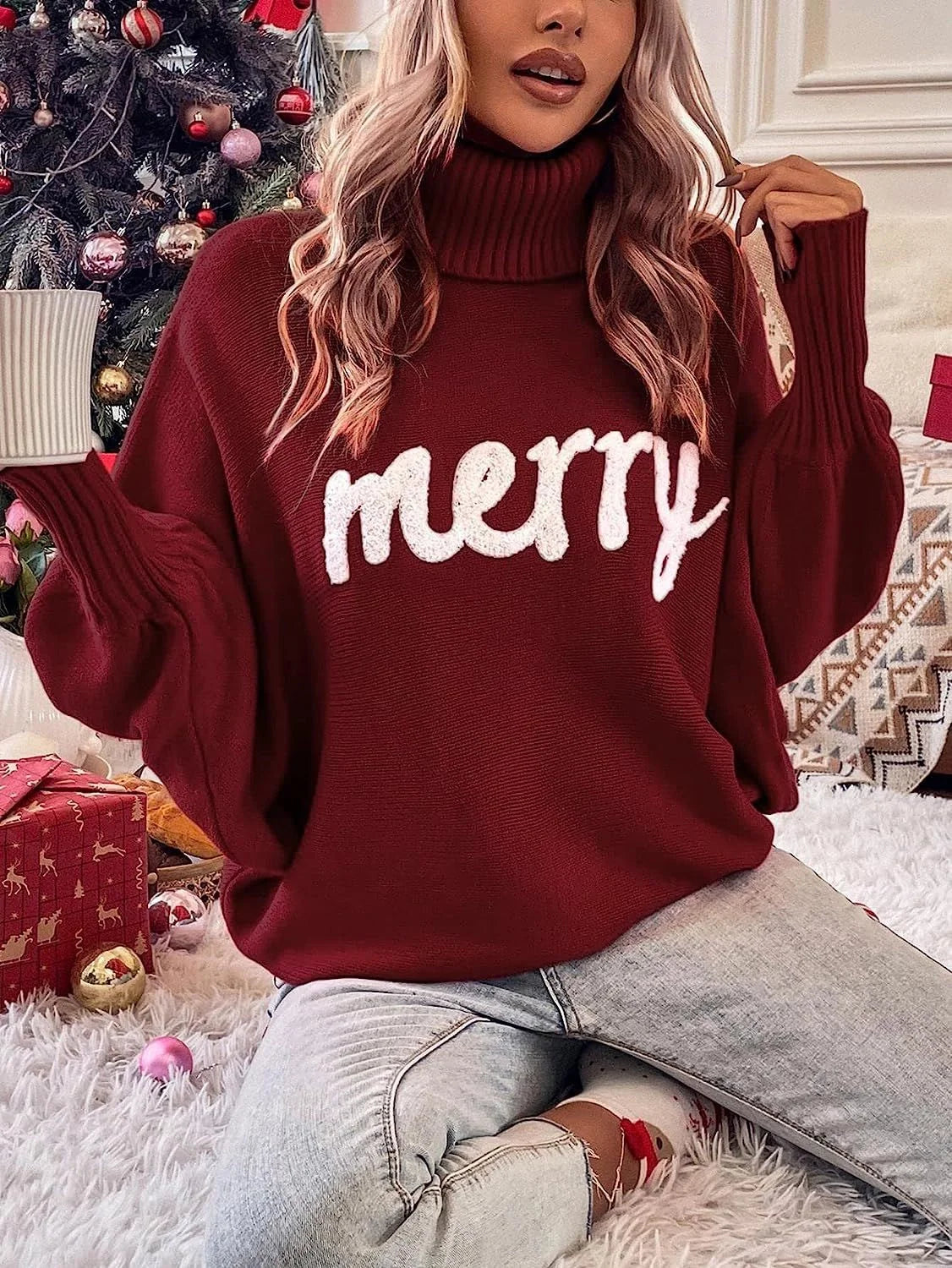Winter Warm Christmas Sweater Knitted Women Turtleneck Sweater Loose Pullover