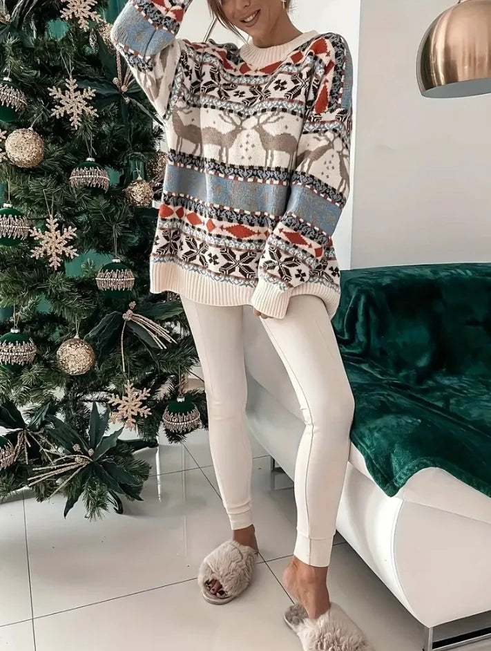 Christmas Sweater Women's Fashion Round Neck Loose Print Long-Sleeved Fall and Winter Sweater