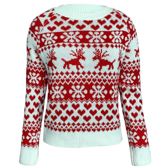 Women's Christmas Snowflake Reindeer Knitted Sweater Long Sleeve Crew Neck Heart Print Pullover Knitwear