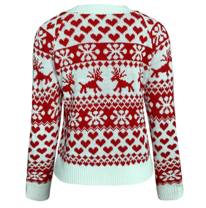 Women's Christmas Snowflake Reindeer Knitted Sweater Long Sleeve Crew Neck Heart Print Pullover Knitwear