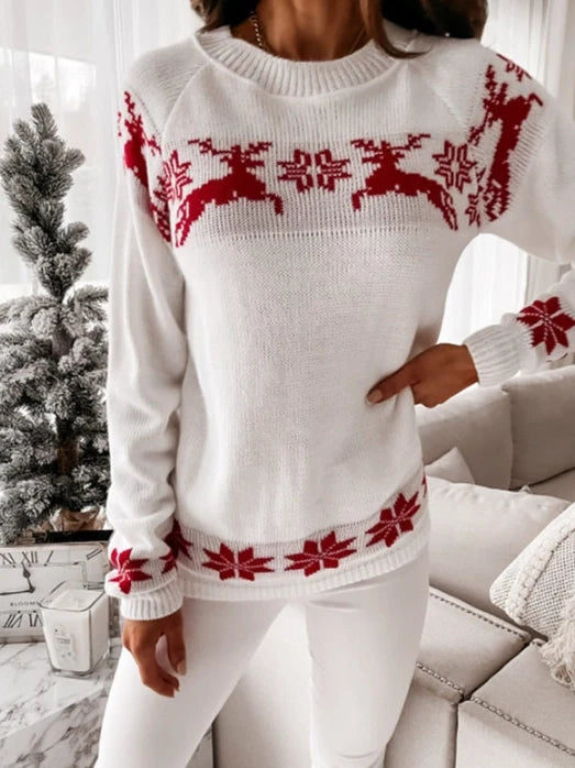 Christmas Women Knitted Sweater Tops Winter Casual Retro Color Contrast Print Pullover Jumper Sweatshirts