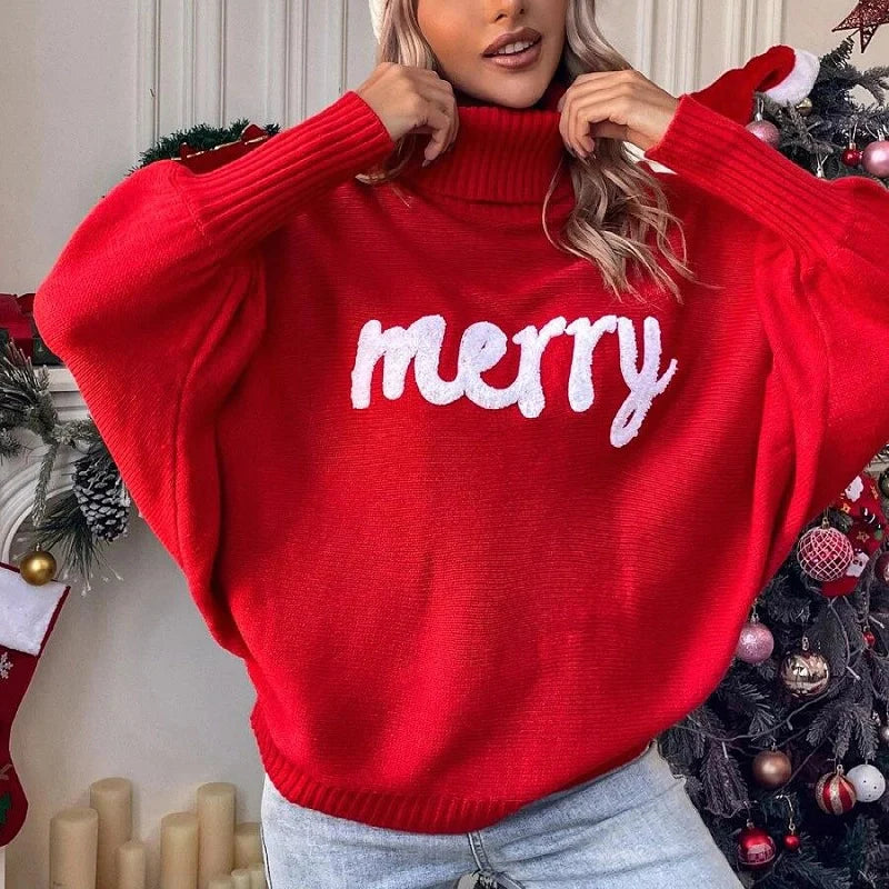 Winter Warm Christmas Sweater Knitted Women Turtleneck Sweater Loose Pullover