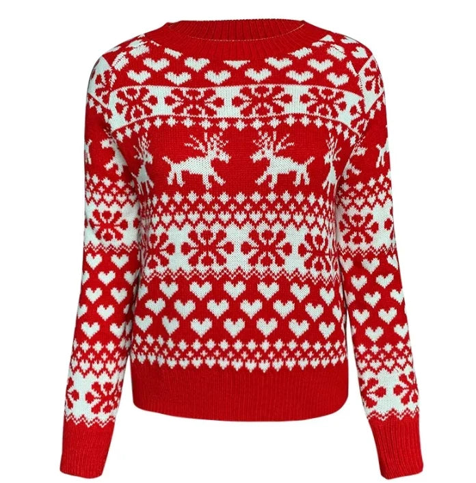Women's Christmas Snowflake Reindeer Knitted Sweater Long Sleeve Crew Neck Heart Print Pullover Knitwear