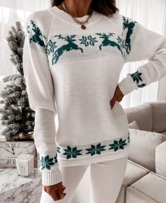 Christmas Women Knitted Sweater Tops Winter Casual Retro Color Contrast Print Pullover Jumper Sweatshirts