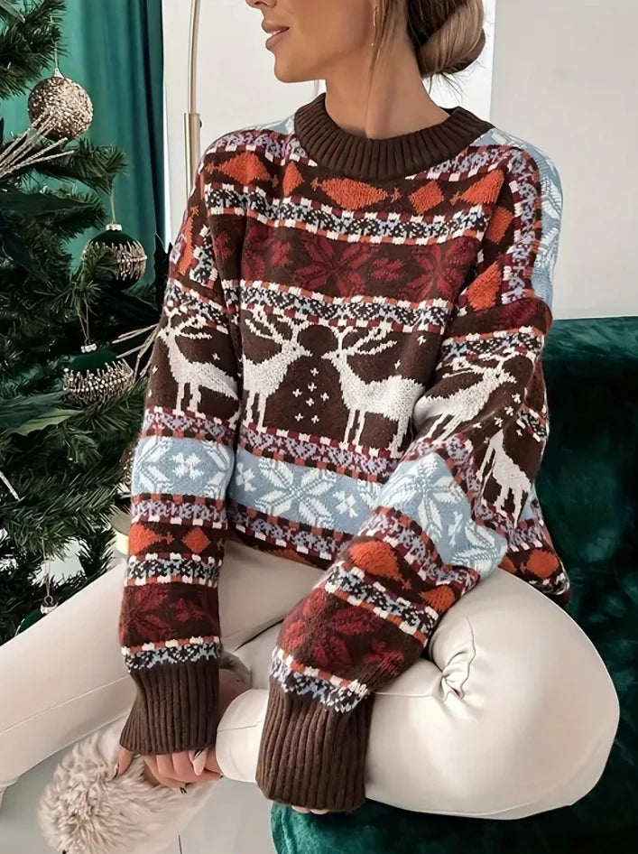 Christmas Sweater Women's Fashion Round Neck Loose Print Long-Sleeved Fall and Winter Sweater