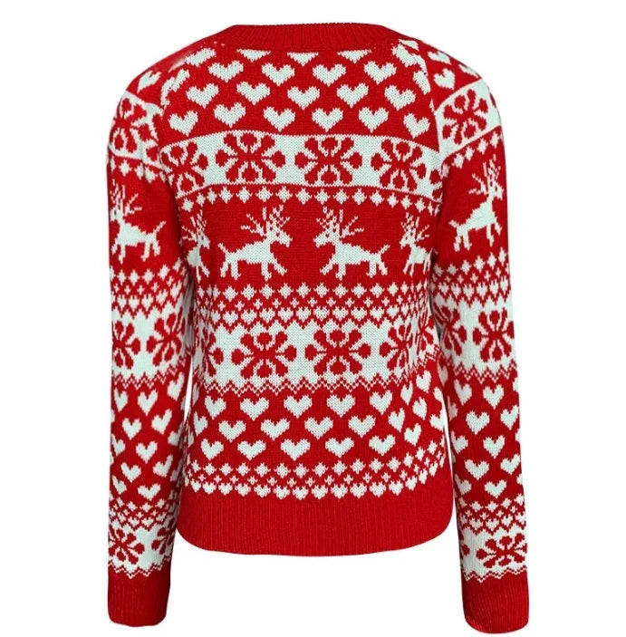 Women's Christmas Snowflake Reindeer Knitted Sweater Long Sleeve Crew Neck Heart Print Pullover Knitwear