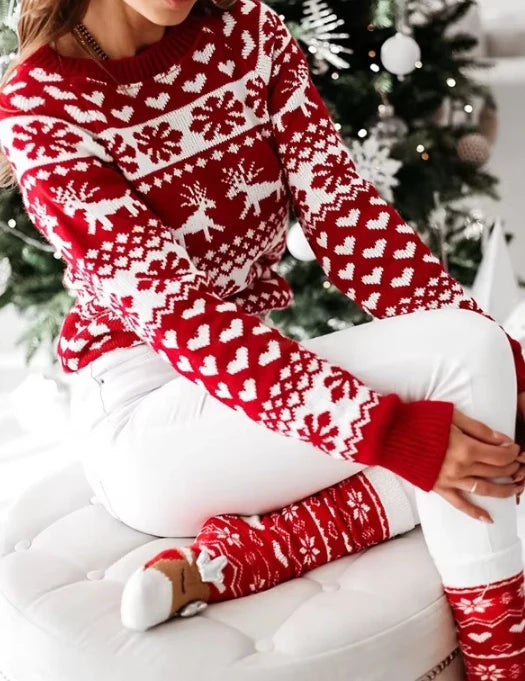 Women's Christmas Snowflake Reindeer Knitted Sweater Long Sleeve Crew Neck Heart Print Pullover Knitwear