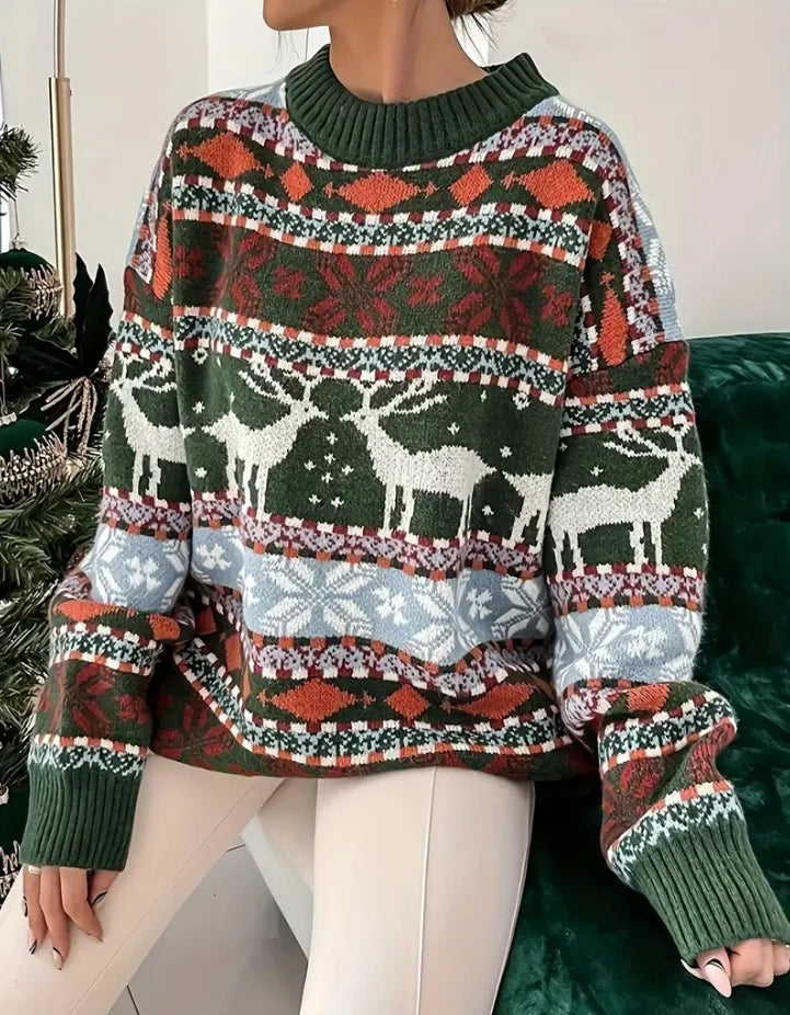 Christmas Sweater Women's Fashion Round Neck Loose Print Long-Sleeved Fall and Winter Sweater