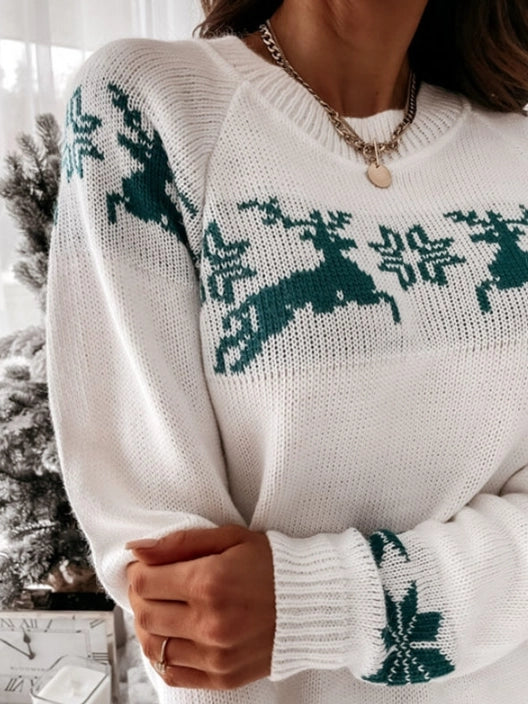 Christmas Women Knitted Sweater Tops Winter Casual Retro Color Contrast Print Pullover Jumper Sweatshirts