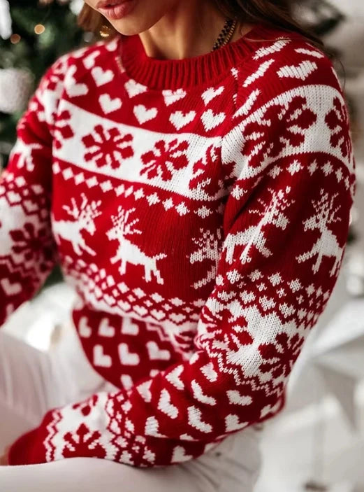 Women's Christmas Snowflake Reindeer Knitted Sweater Long Sleeve Crew Neck Heart Print Pullover Knitwear