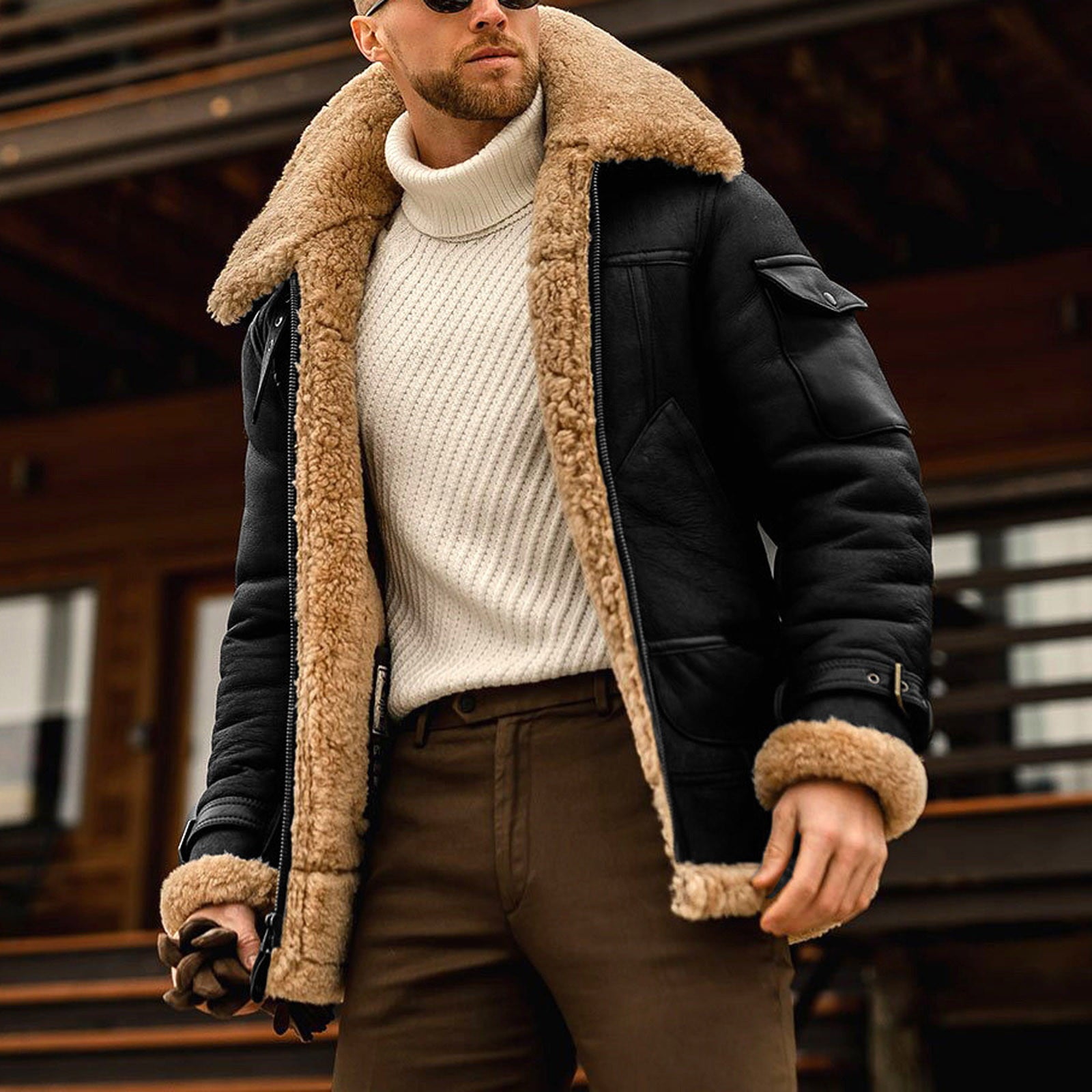Men's Coat Casual Solid Turndown Winter Thicken Zipper Patchwork Jacket