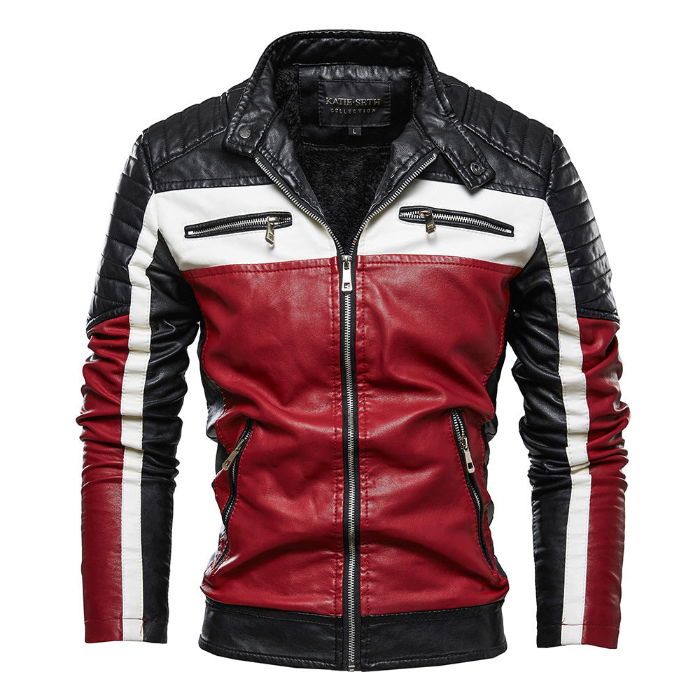 Men's Plus Size Leather Motorcycle Biker Long Sleeve Collar Plush Leather Jacket  Zipper Coat