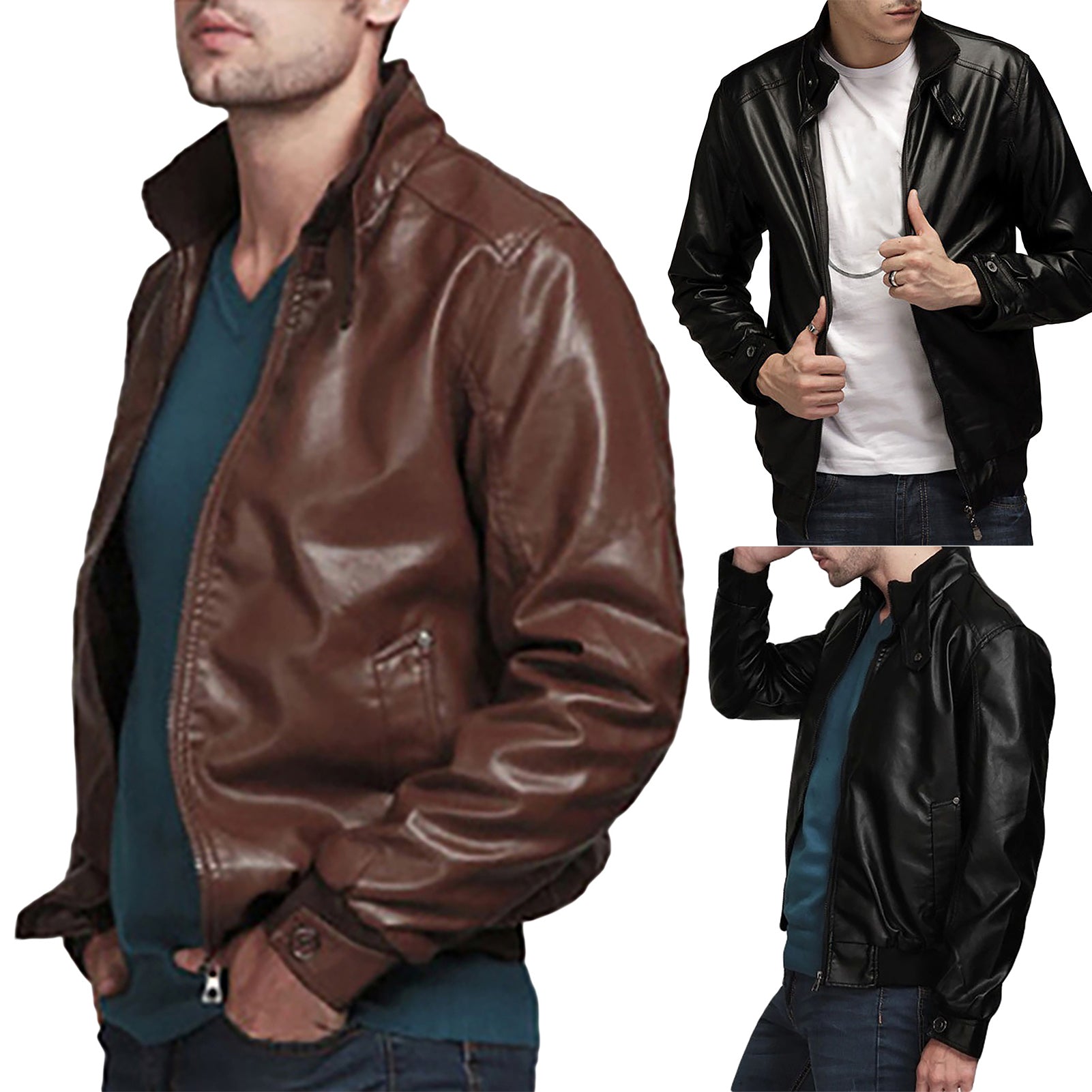 Artificial Leather Solid Color Motorcycle Jacket Zipper Closure Stand Collar Men's Coat