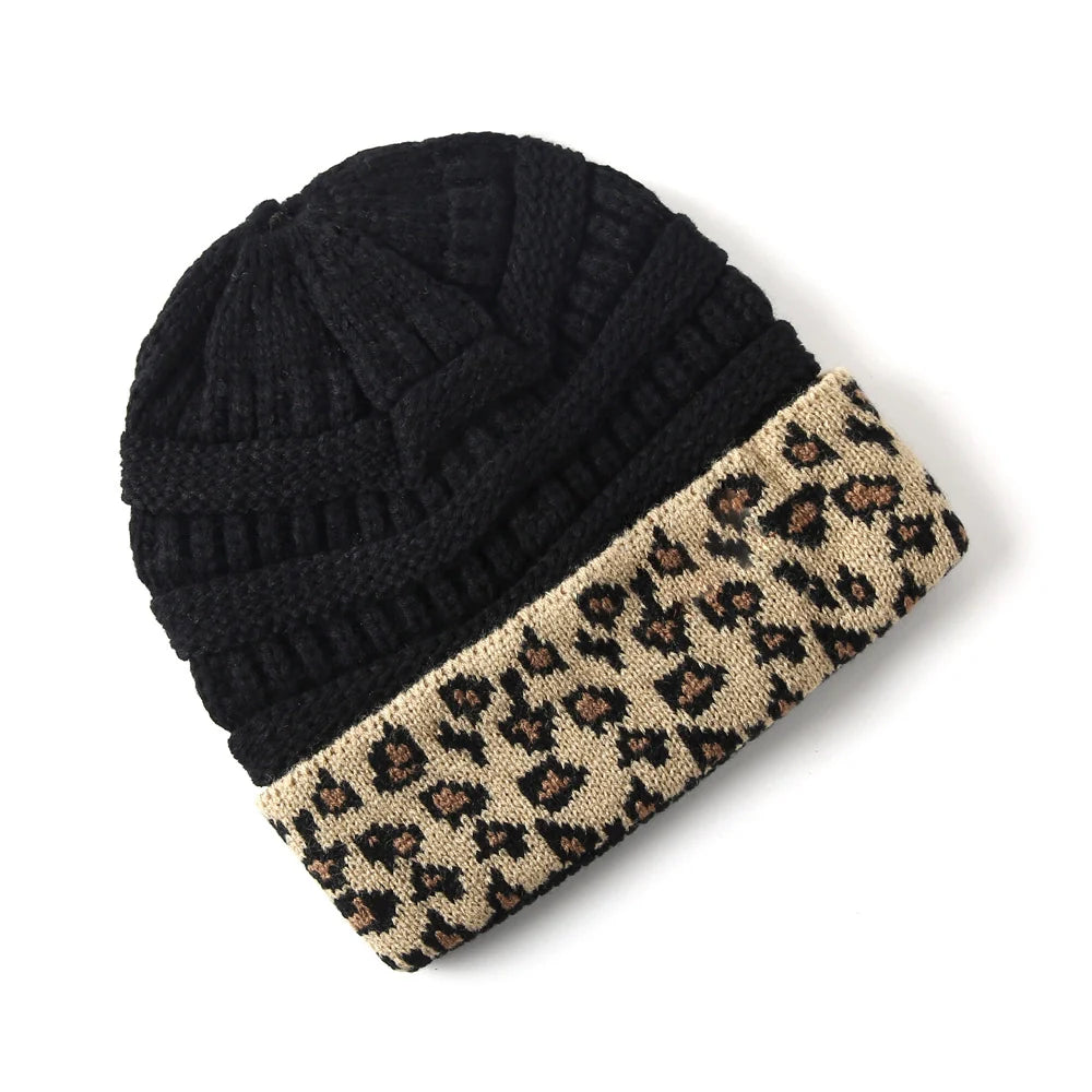 Women's Warm Leopard Pattern Flanging Knitted Hat