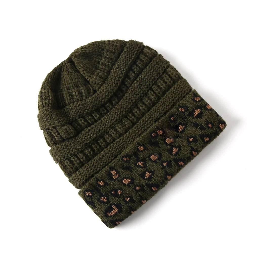Women's Warm Leopard Pattern Flanging Knitted Hat