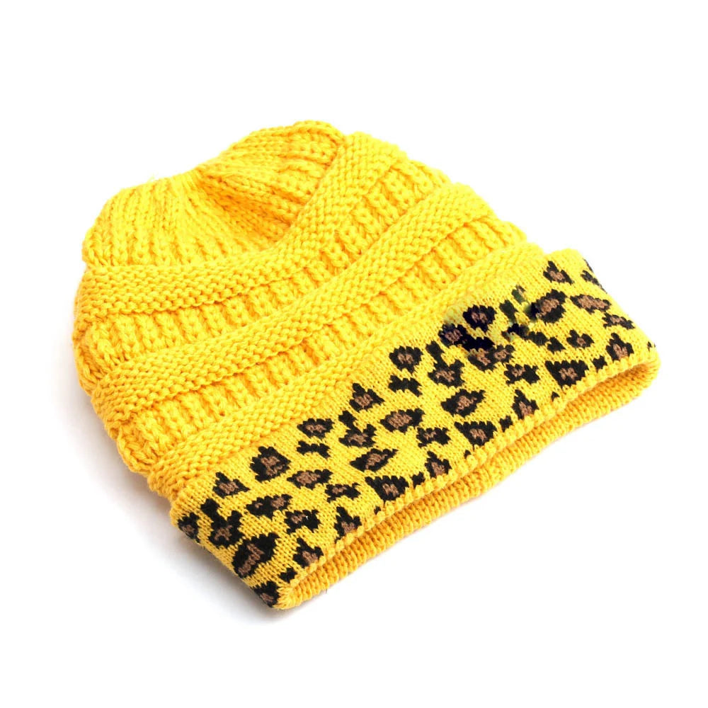 Women's Warm Leopard Pattern Flanging Knitted Hat