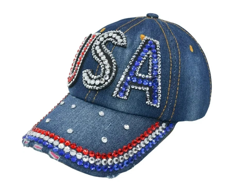 Unisex USA Hat Bling Rhinestones Baseball Cap